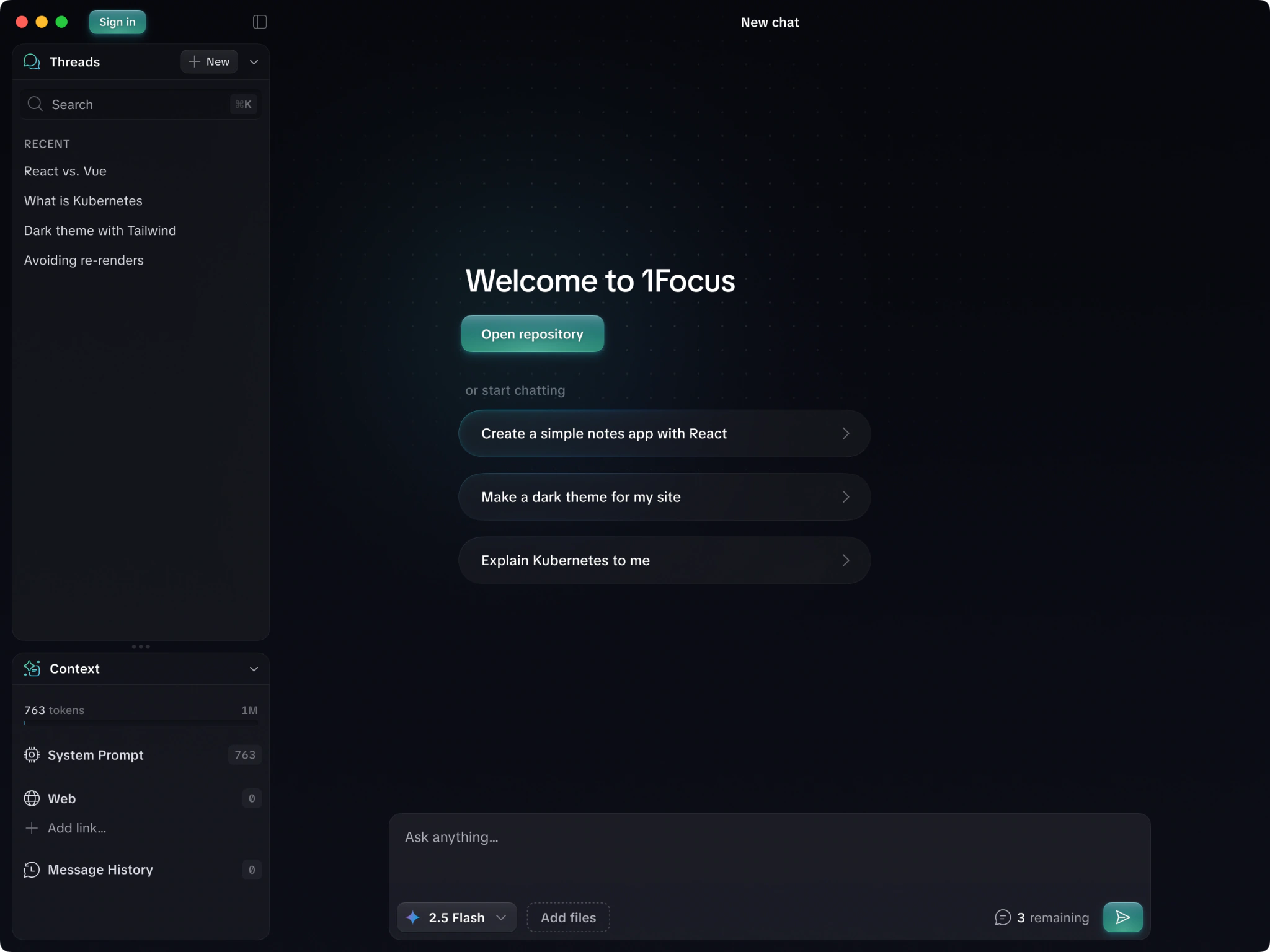 1Focus signed-out refreshed UI screen