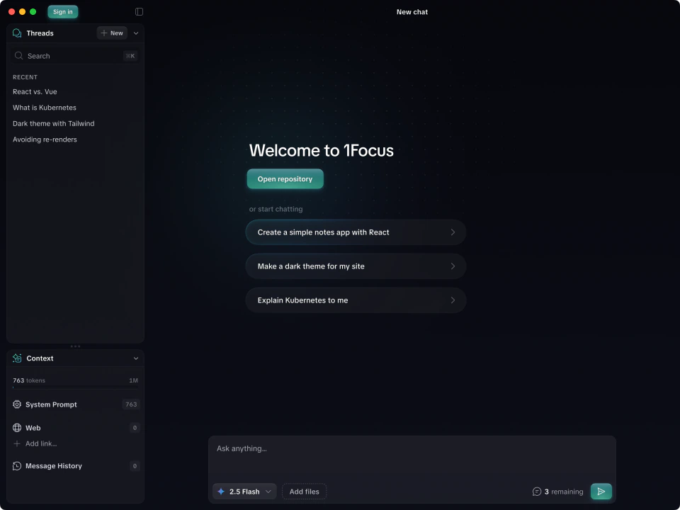 1Focus signed-out refreshed UI screen