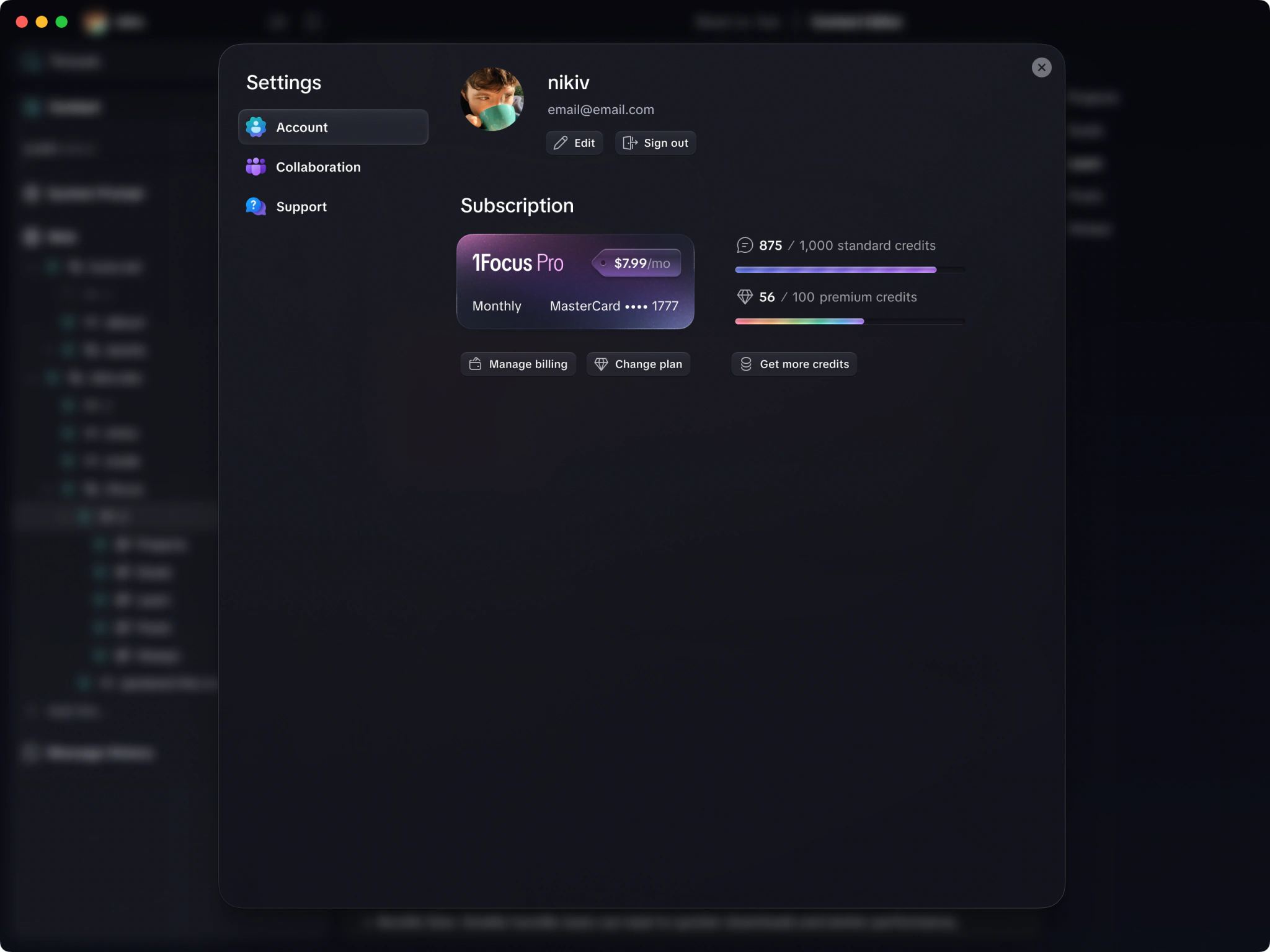 1Focus settings screen