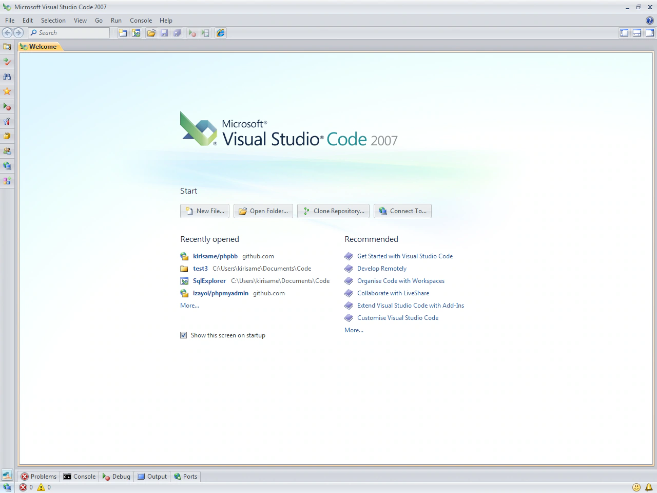 Visual Studio Code 2007 welcome screen