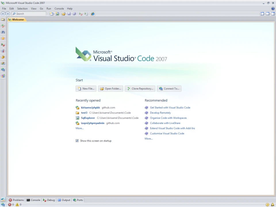 Visual Studio Code 2007 welcome screen
